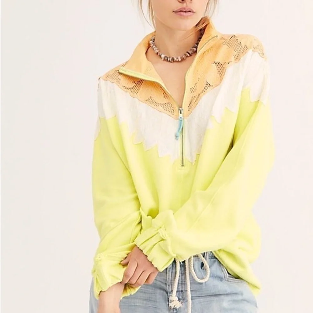 FREE PEOPLE ‘Isla’ Crochet Quarter Zip Pullover Yellow Green Size S - Picture 2 of 14